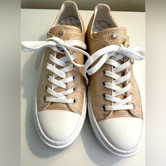 STUART WEITZMAN Ollie Sneakers Woven Raffia Lace Up Shoes Low Top Straw Natural - Picture 8 of 14